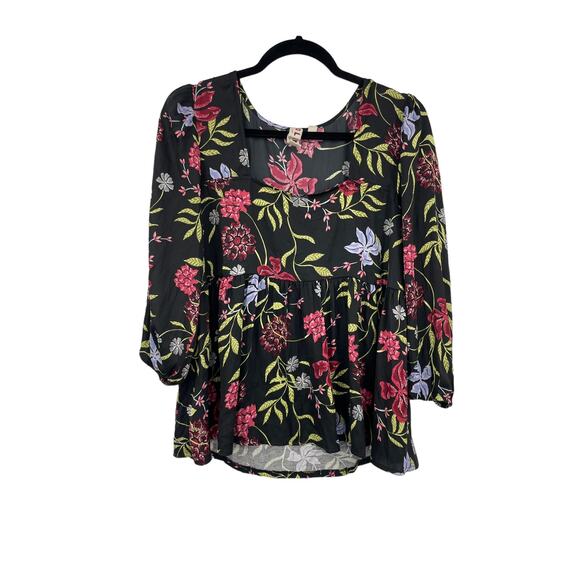 Anthropologie Shirt Womens Medium Top Cherrie Babydoll Black Multi Floral Dolan - Picture 1 of 7